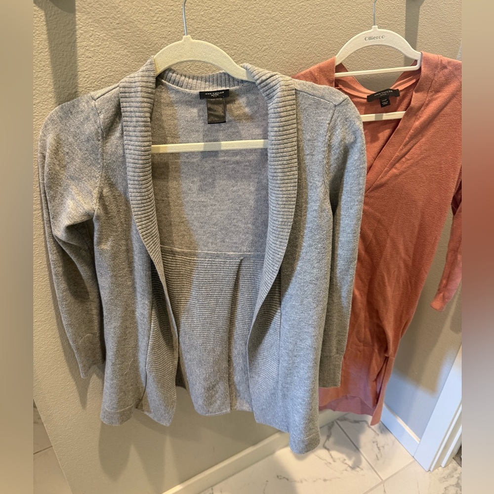 Ann Taylor gently worn two Gray Open back Cardigan Sweater and pink coatigan
